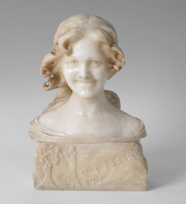 CARVED ALABASTER MAIDEN NOUVEAU SCULPTURE: WONDERFULLY CARVED ALABASTER MAIDEN NOUVEAU SCULPTURE, 17" h., 12" w., 7" d., affixed to a matching base with a relief carved scene of a young maiden with her flutes leading a flock of sheep; 1st quar