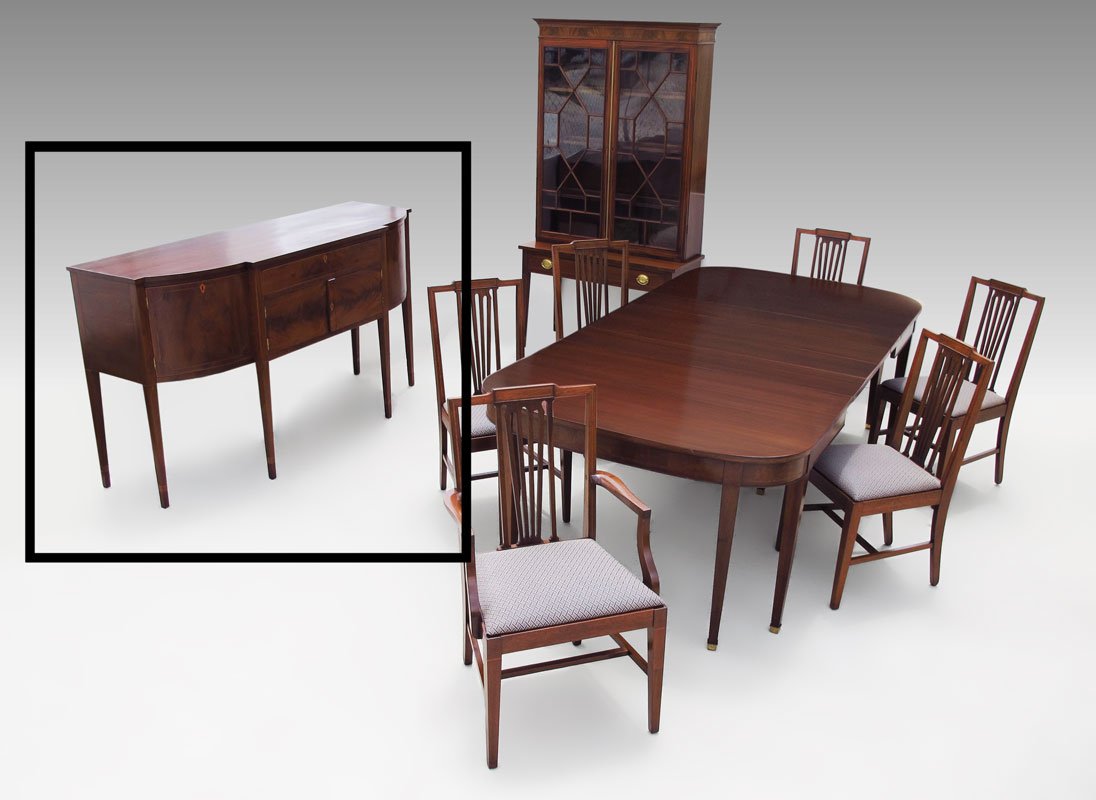 INLAID MAHOGANY SIDEBOARD CIRCA 1900: INLAID MAHOGANY SIDEBOARD BUFFET CA. 1900: Shaped top, central drawer over 2 door. Surmounted by 2 shaped doors, on 6 tapered legs. String inlay on doors, drawers and legs. 40 1/2" x 73" x 24 1/2".