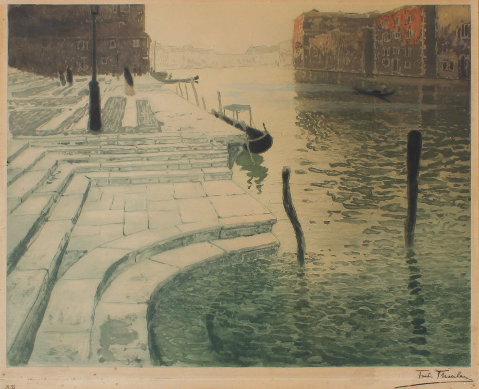 FRITS THAULOW ETCHING MARBLE STEPS VENICE: THAULOW, Frits, (Norway, 1847-1946): "Marble Steps, Venice": 19 1/2" x 23 1/2", total backing size 20 1/2" x 25 1/4", pencil signed lower right, #'d 32 lower left, blind stamp lower left corner, Schwa