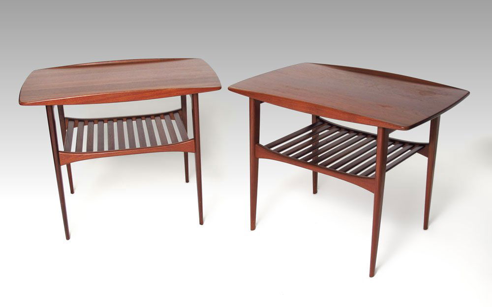FRANCE DAVERKOSEN DANISH MODERN SIDE TABLES: PAIR FRANCE DAVERKOSEN DANISH MODERN SIDE TABLES: Teak, two tier with lower tier having open slats. Approx. 22 3/4'' x 20'' x 29 1/2''. Button marked ''fd''.