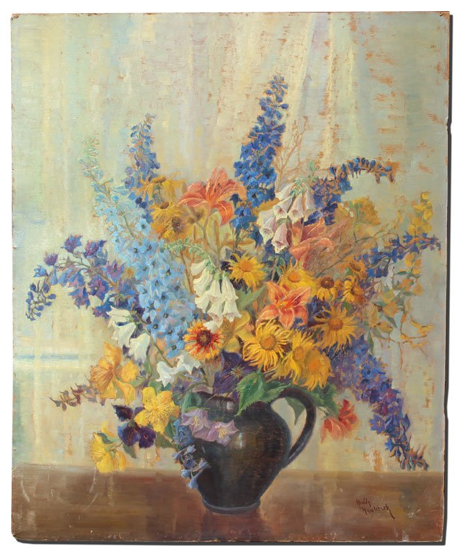 HEDDA HAWLITZEK FLORAL STILL LIFE OIL PAINTING: HAWLITZEK, Hedda (Ukrainian, 1945-1974): Floral Still Life, "Sommerstrauss", Oil/Board, 35 3/8" x 28 3/4", unframed, signed and titled verso, signed lower right.