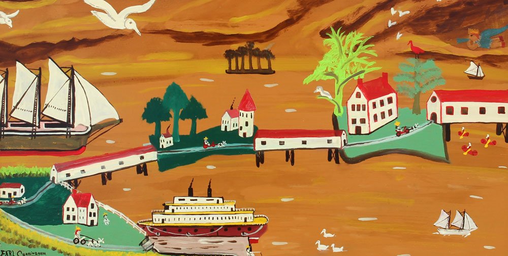 EARL CUNNINGHAM "RED ROOF INN" PAINTING: CUNNINGHAM, Earl, (American, 1893-1977): "Red Roof Inn", Oil/Board, 13" x 23 1/2", signed lower left, custom wood frame, 24" x 35", exhibited at the Southern Arts Federation, 1977, from the Mennello C