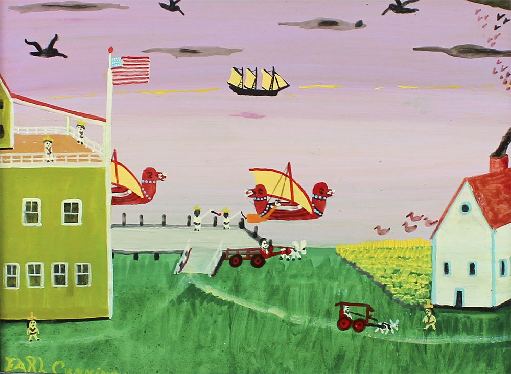 EARL CUNNINGHAM PAINTING WITH VIKINGS: CUNNINGHAM, Earl, (American, 1893-1977): Naive Landscape with Figures and Viking Ships, Oil/Board, 12" x 15 1/4", signed lower left, custom wood frame, 21 1/2"x 25 1/4". From the Mennello Collection.