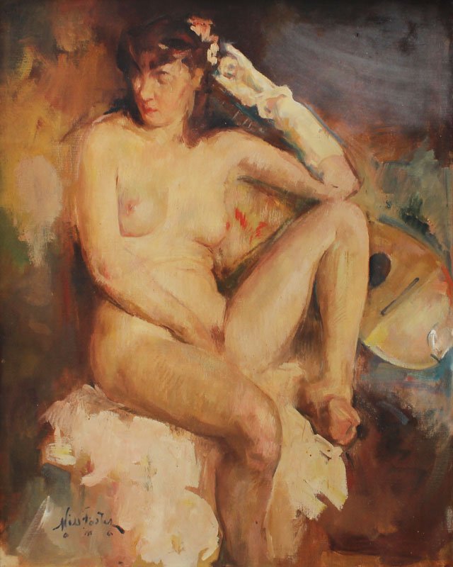 WILLIAM FOSTER FEMALE NUDE PAINTING: FOSTER, William Frederick, (American, 1883-1953): Reclining Female Nude, Oil/Canvas, 30" x 25", signed lower left, encased in a period gilded gesso frame with overpaint and wear, 37 1/2" x 32 1/2", wi