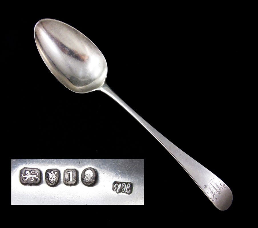 HESTER BATEMAN 1786 ENGLISH STERLING SILVER SPOON: HESTER BATEMAN 1786 ENGLISH STERLING SILVER SPOON: Hallmarked with London 1786 hallmarks and Hester Bateman mark. Monogrammed ''WL'', 8'' l. Approx. 1.5 troy oz.