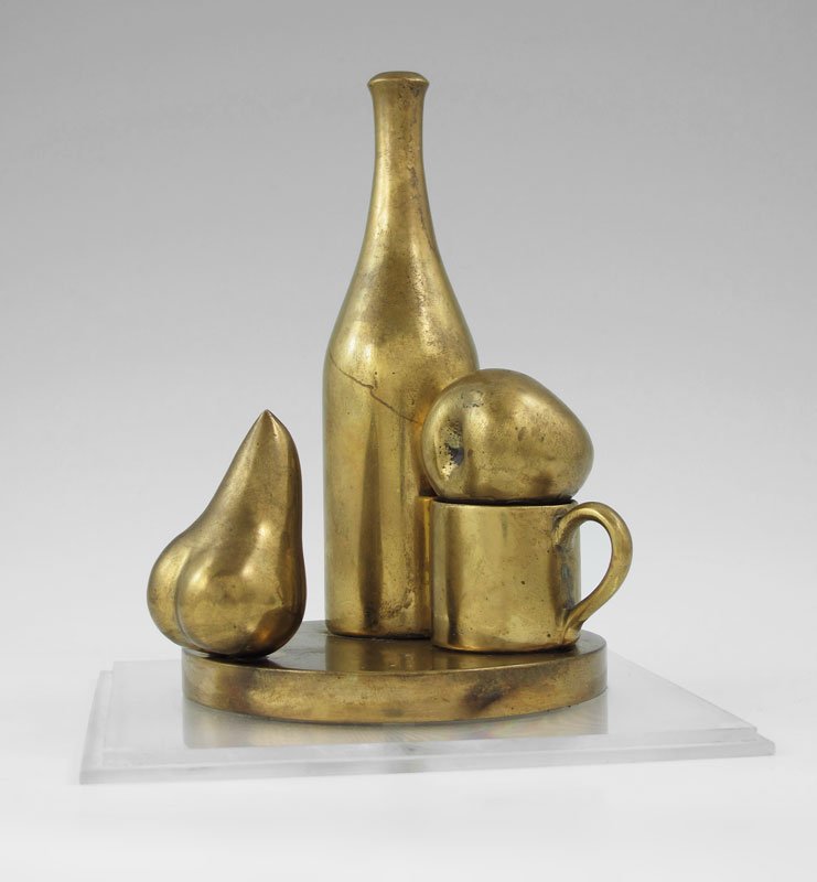SUTTMAN MODERNIST STILL LIFE BRONZE: SUTTMAN, Paul, (American 1933-1993): "Buon Natale", Bronze Still Life of Fruit and Vessels, 6 1/2" h., affixed to a plexiglass plinth, underneath it reads; Walter Thompson Company Commission, dated 19