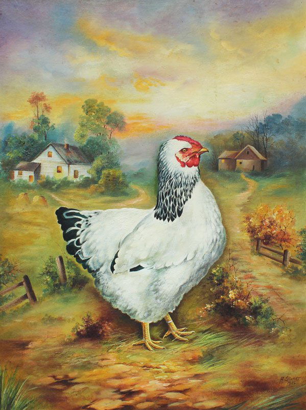 RALPH STUART CHICKEN PAINTING, BUFFALO POTTERY: STUART, Ralph (): Mother Hen in a Country Landscape, Oil/Canvasboard, 24" x 18", signed lower right, dated '36, gilded frame, 26 1/2" x 20 1/2". Painted by one of Buffalo Pottery's preeminent artists