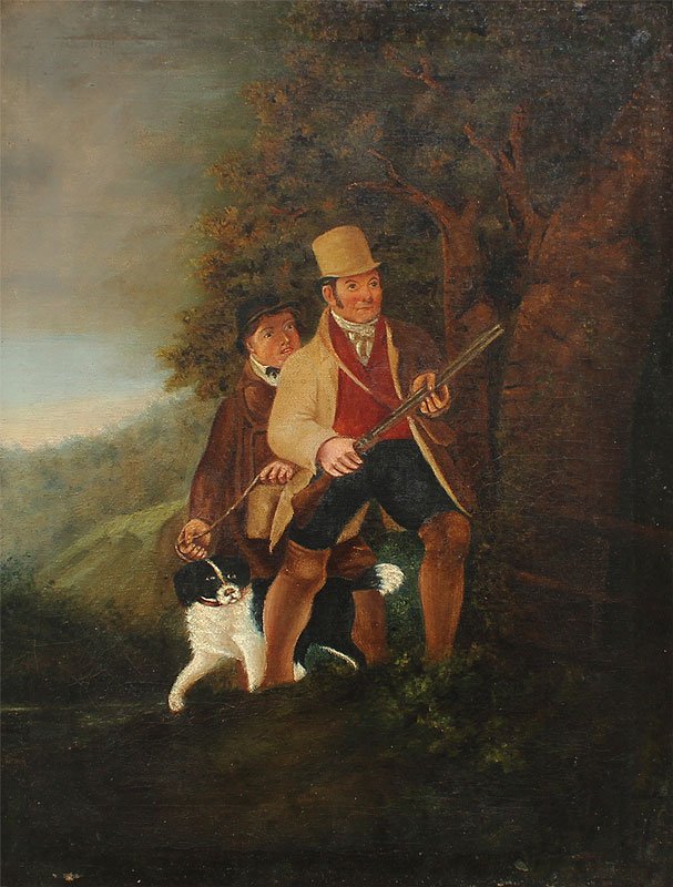NAIVE 19TH CENTURY HUNT SCENE PAINTING: NAIVE 19TH CENTURY HUNT SCENE PAINTING: Oil/Canvas, Depicting a Man Welding a Shot Gun, a Dog, and a Handler in a Landscape, 18" x 14", noticeable signature.