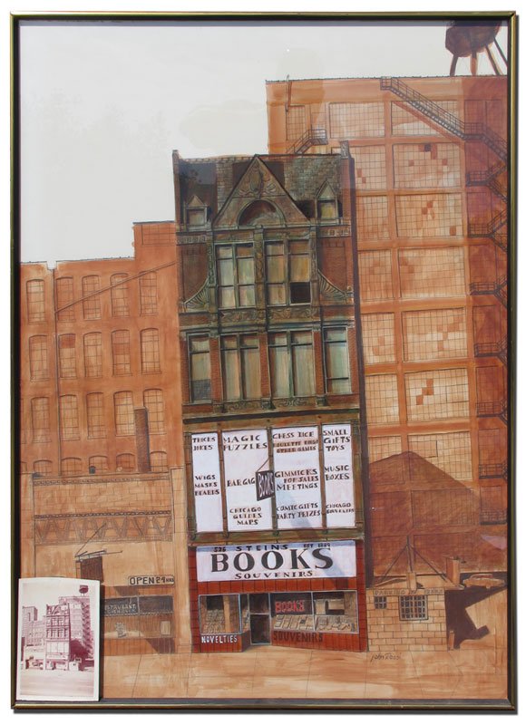JOHN ROSSI PAINTING CHICAGO BOOK STORE: ROSSI, John, (American, 20th Century): Chicago street scene "Book Store", Pencil Tempura/Acrylic, sight size 39 1/2" x 29 1/2", signed lower right, framed, 41" x 31". Union League Art Competition labe