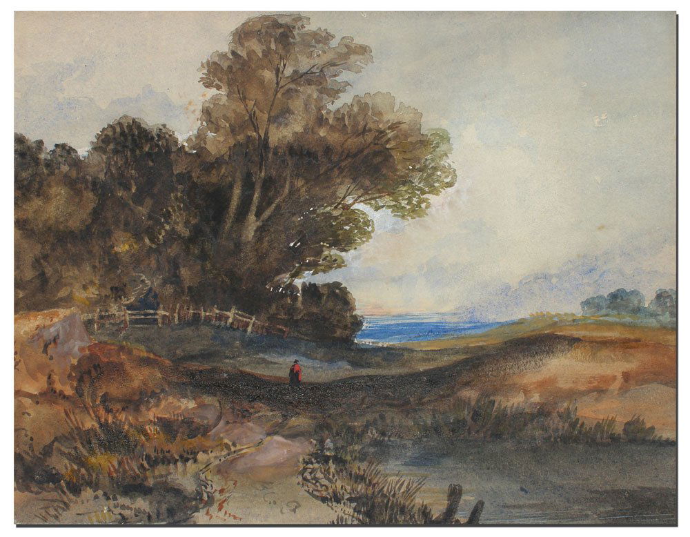 WATERCOLOR LANDSCAPE PAINTING STYLE OF CORO: WATERCOLOR LANDSCAPE PAINTING IN THE STYLE OF COROT: 9 1/4" x 12 1/4", no visible signature, contemporary framing, 17" x 21".