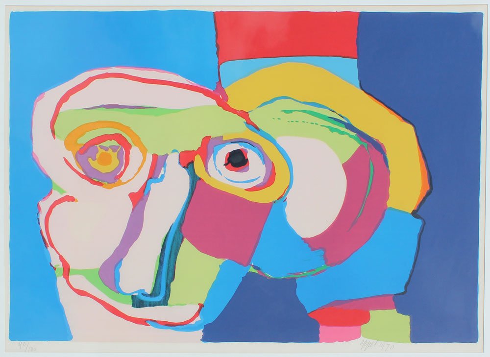 KAREL APPEL ABSTRACT FACE LITHOGRAPH 1970: APPEL, Karel,(American, 1921-2006): Abstract Face Lithograph, 27 1/2" x 40 3/4", pencil signed lower right, dated 1970, numbered lower left 40/100, blind stamp lower left, encased in contemporary fram