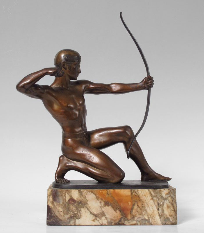 RUDOLF KAESBACH ART DECO BRONZE: KAESBACH, Rudolf, (German, 1873-1955): Deco Archer, Bronze, 14 3/4" h., 13" w., 5"d., incised signature to base, affixed to period marble plinth that does have some chips to it. Overall height, 18".