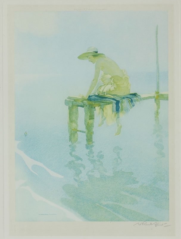 WILLIAM RUSSELL FLINT LITHOGRAPH: FLINT, Sr. William Russell, (Scottish 1880-1969): "Clarissa goes a Fishing", chromolithograph, pencil signed lower right, site size 15" x 11 1/2", The Gauge Gallery, Cleveland, Ohio label affixed vers