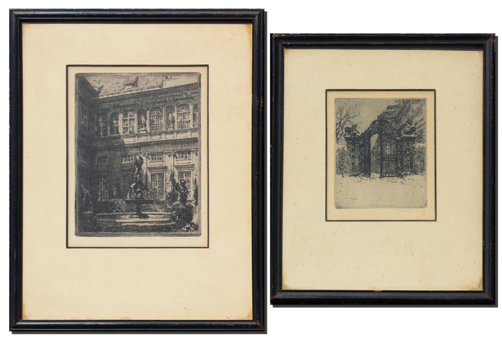 2 LUIGI KASIMIR ETCHINGS: KASIMIR, LUIGI, (Austrian, 1881-1962): 2 Etchings, 1) European City Scene with Snow Covered Wrought Iron Gate, sight size 4 1/2" x 3 3/4", pencil signed lower right, framed, 9 1/2" x 8"; 2) European C