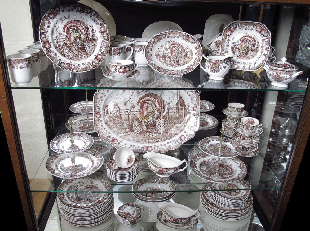 82 pc JOHNSON BROS HIS MAJESTY TURKEY CHINA: JOHNSON BROTHERS "HIS MAJESTY" DINNER SERVICE: Approx. 82 pieces to include 24 dinner plates (10 1/2") plates, 11 square salad plates, 10 coffee mugs, 12 tea cups, 14 saucers, 2 gravy boats, relish pl