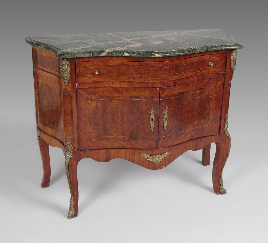 FRENCH STYLE MARBLE TOP COMMODE: FRENCH STYLE MARBLE TOP COMMODE: Serpentine front, 1 drawer over two door chest, beveled green marble top. Later 20th C. Approx. 32" tall x 41" x 19".