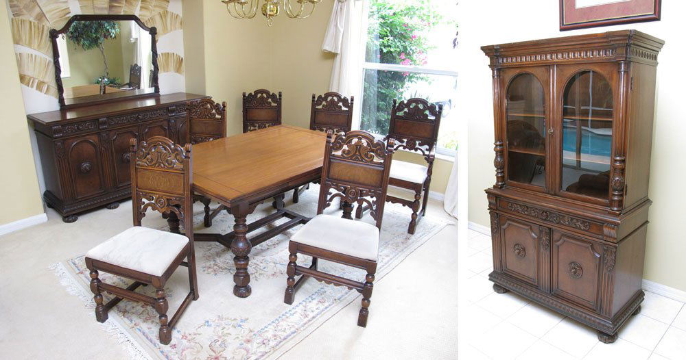1920'S JACOBEAN STYLE DINING SET: 1920'S JACOBEAN STYLE DINING SET: Includes draw leaf table 30 1/2" h. x 60" x 40", draw leaves 16" each, 6 chairs -1 arm 39 1/4" h. x 24" x 19" and 5 side, china cabinet 69 1/4" h. x 41" x 16" and buf