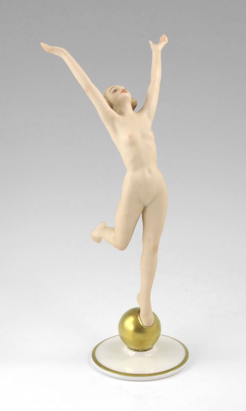 ART DECO NUDE SUN CHILD FIGURE: HUTSCHENREUTHER ART DECO NUDE SUN CHILD FIGURE: Fine modeling designed by Karl Tutter. Woman stretching to the sun, standing on a gilt ball. 8 1/2"h.