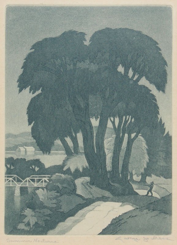 GEORGE JO MESS SUMMER NOCTURNE AQUATINT: MESS, George Jo, (American 1898-1962): "Summer Nocturne", Aquatint, 7 1/4" x 5 1/4", signed in pencil lower right, titled lower left, artist's biography affixed verso. Lyman Brothers Indianapolis fram