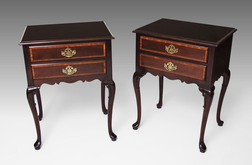 HICKORY AMERICAN MASTERPIECE NIGHTSTANDS: PAIR HICKORY AMERICAN MASTERPIECE COLLECTION NIGHTSTANDS: Banded mahogany drawer fronts, two drawer, long cabriole legs. Approx. 30" tall x 28 1/2" x 17".