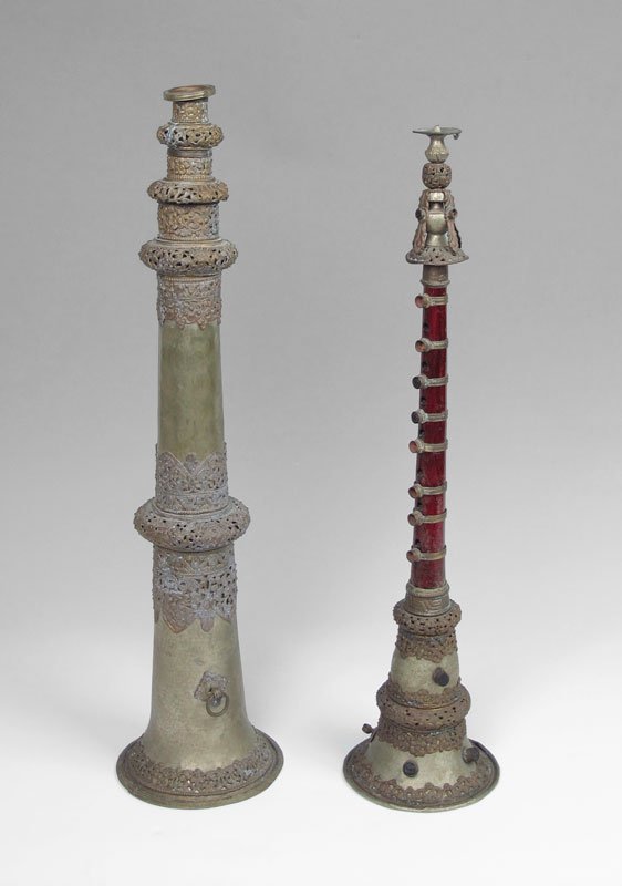 2 PIECE TIBETAN BUDDHIST HORNS: 2 PIECE TIBETAN BUDDHIST HORNS: To include 1) Mixed metal on lacquered wood body laba or trumpet. Overall 24"l. x 6". 2) Mixed metal ceremonial horn, telescopes to 77 1/4" l. x 6 1/2" dia., collapsed 