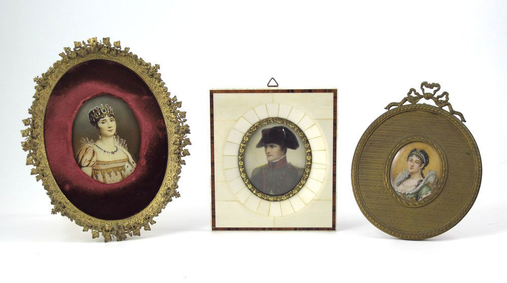 3 MINIATURE PAINTINGS OF NAPOLEON & JOSEPHINE: 3 MINIATURE PAINTINGS OF NAPOLEON & JOSEPHINE: To include 1) Portrait of Napoleon after Jsabey on ivory with inlaid ivory and wood frame. Sight size 2 1/4" x 1 7/8", framed 4 5/8" x 4". 2) Portrait of