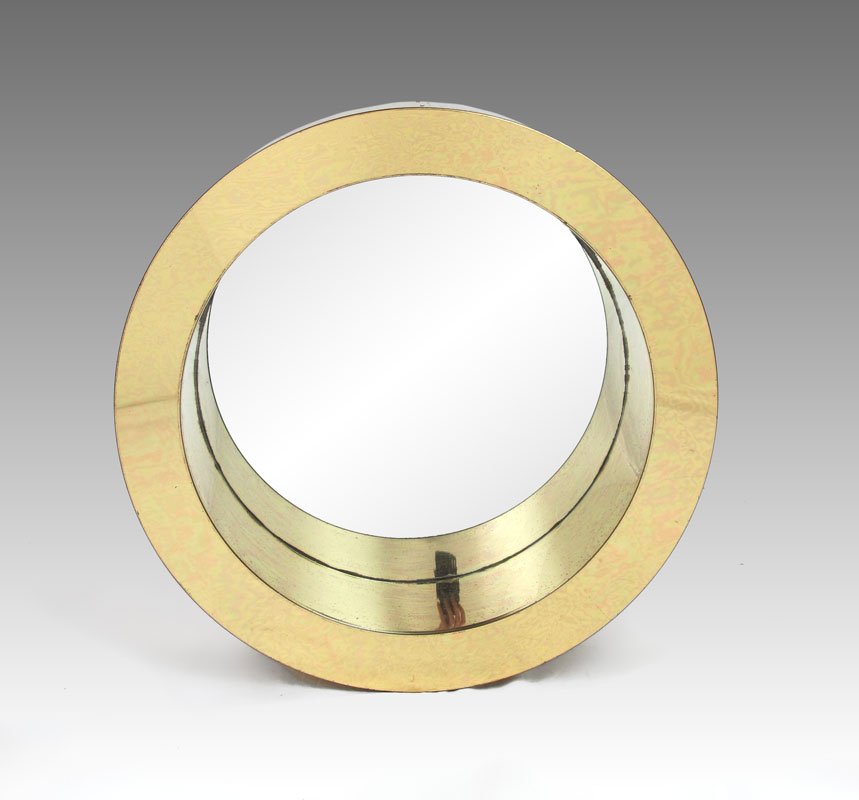 CURTIS JERE 1976 BRASS ROUND MIRROR: CURTIS JERE 1976 BRASS ROUND MIRROR: Signed C. Jere, 1976. 23 1/2" dia. x 6 1/4" deep.