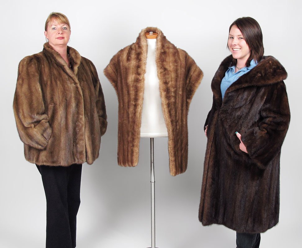 MINK COAT, JACKET AND STOLE: One of each: MINK COAT, JACKET AND STOLE: One of each. 1) The full length dark chocolate mink COAT with wide collar and lapel with bell sleeves bears the label of Barbatsuly Bros. 41" long overall, shoulders appro