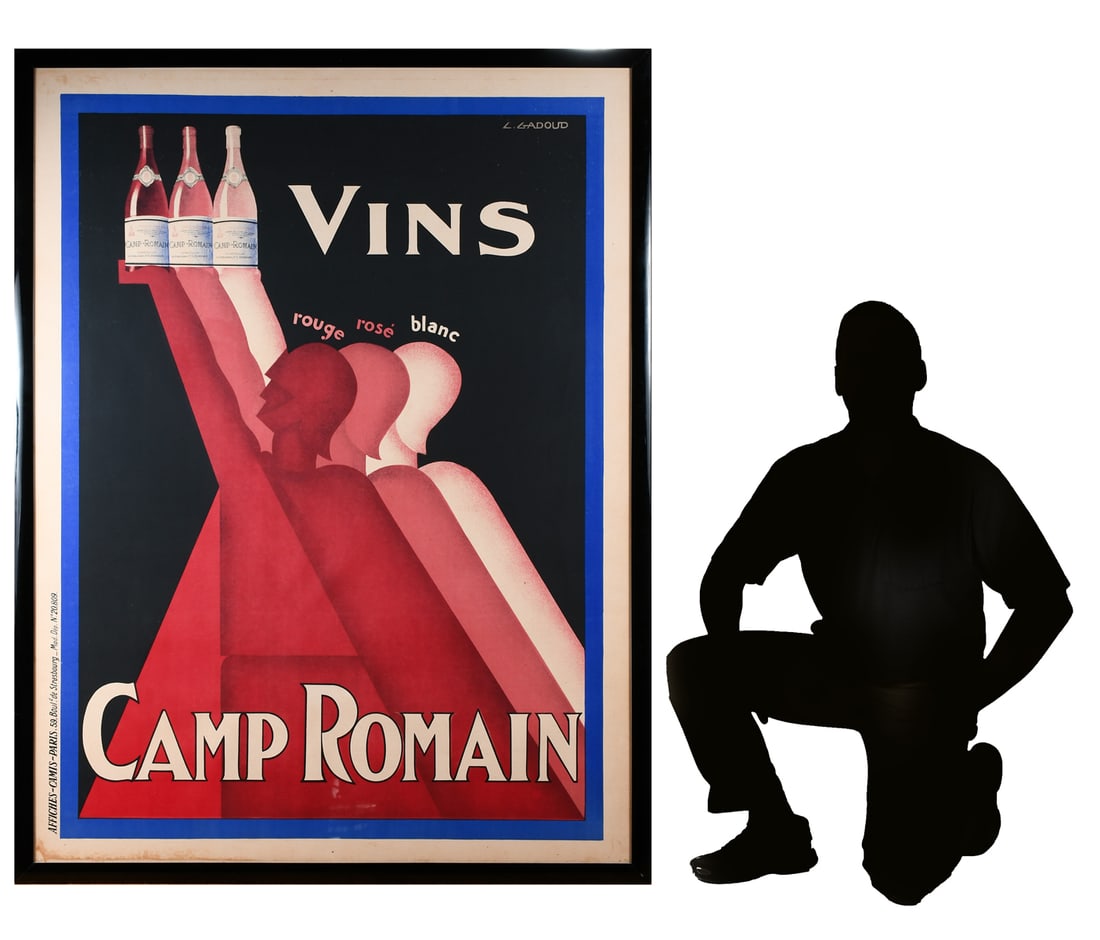 LARGE CLAUDE GADOUD VINS CAMP ROMAIN POSTER: LARGE CLAUDE GADOUD VINS CAMP ROMAIN POSTER: Sight size 63'' x 47.5'', framed, 66'' x 52''.
