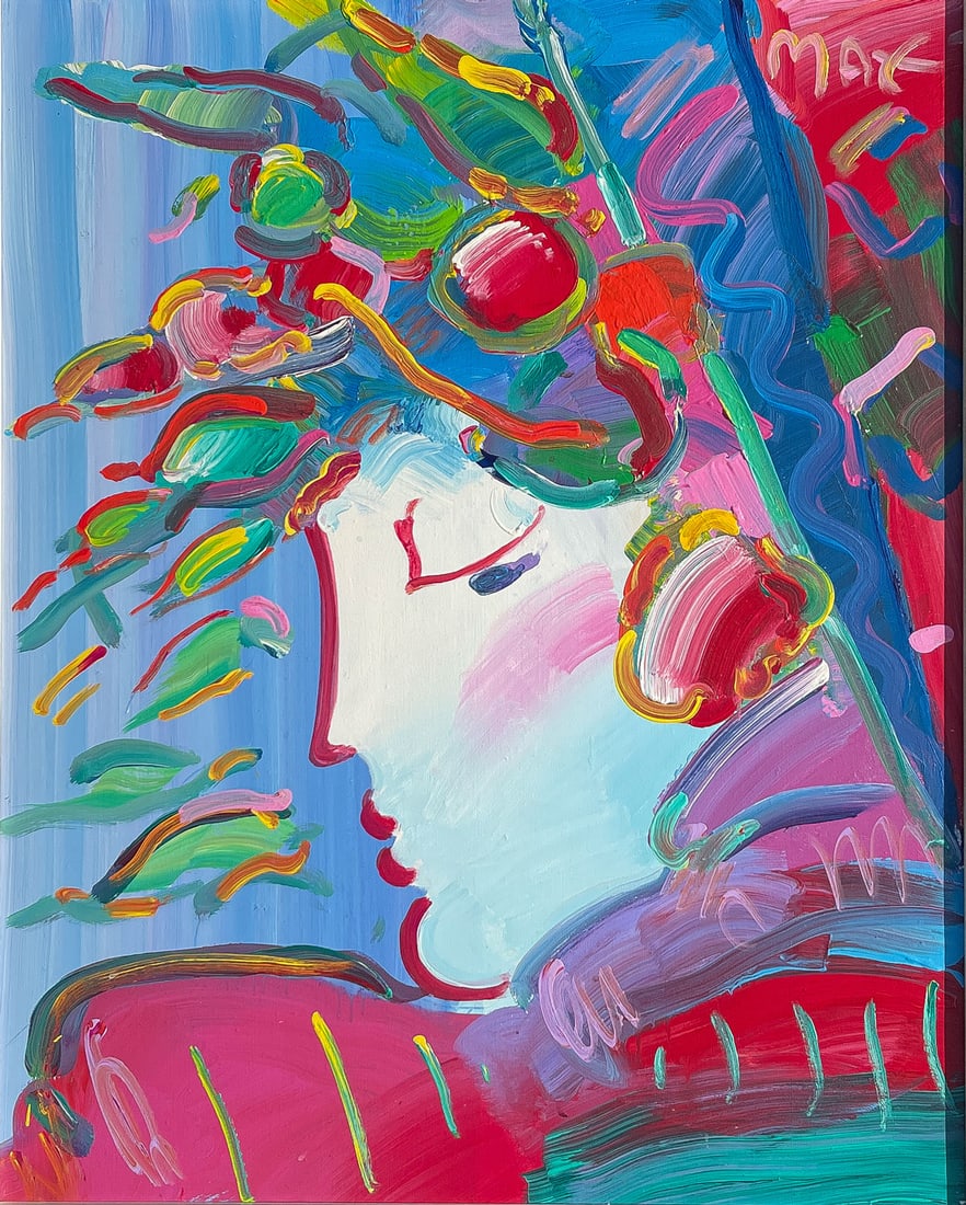 EARLY ORIGINAL PETER MAX PAINTING BLUSHING BEAUTY: MAX, Peter, (American/German, b.1937): "Blushing Beauty", Acrylic/Canvas, 30" x 24", signed upper right, framed, 34.5" x 28.5", marked verso on canvas #6116 with Peter Max copyright, dated 1988.