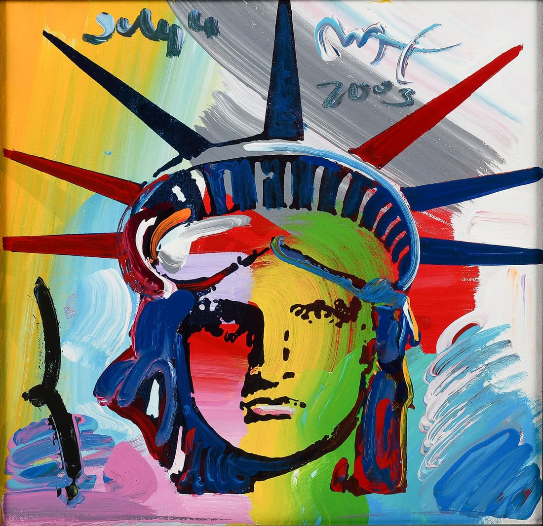 PETER MAX LIBERTY MIXED MEDIA: MAX, Peter, (American/German, 1937-): "Liberty Version I #8", Acrylic/Silkscreen on Canvas, 18" x 18", signed upper right and dated July 4, 2003, framed, 32.5" x 32.5", original drawing with dedicatio