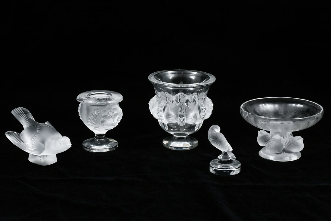 5 PIECE LALIQUE LOT: 5 PIECE LALIQUE LOT: This five-piece Lalique France frosted glass lot includes ''Tete de Lion'' cigarette holder (approx. 4'' h), ''Dampierre'' bird motif vase (5''), ''Tourterelle'' bird letter seal 