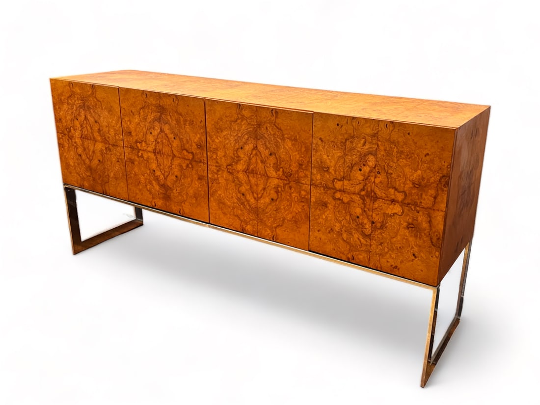 MILO BAUGHMAN SIDEBOARD: MILO BAUGHMAN SIDEBOARD: Designed by Milo Baughman for Thayer Coggin, a 4-door credenza having a burl olive exterior with mirrored backside. The cabinet doors open to a white interior with shelving at
