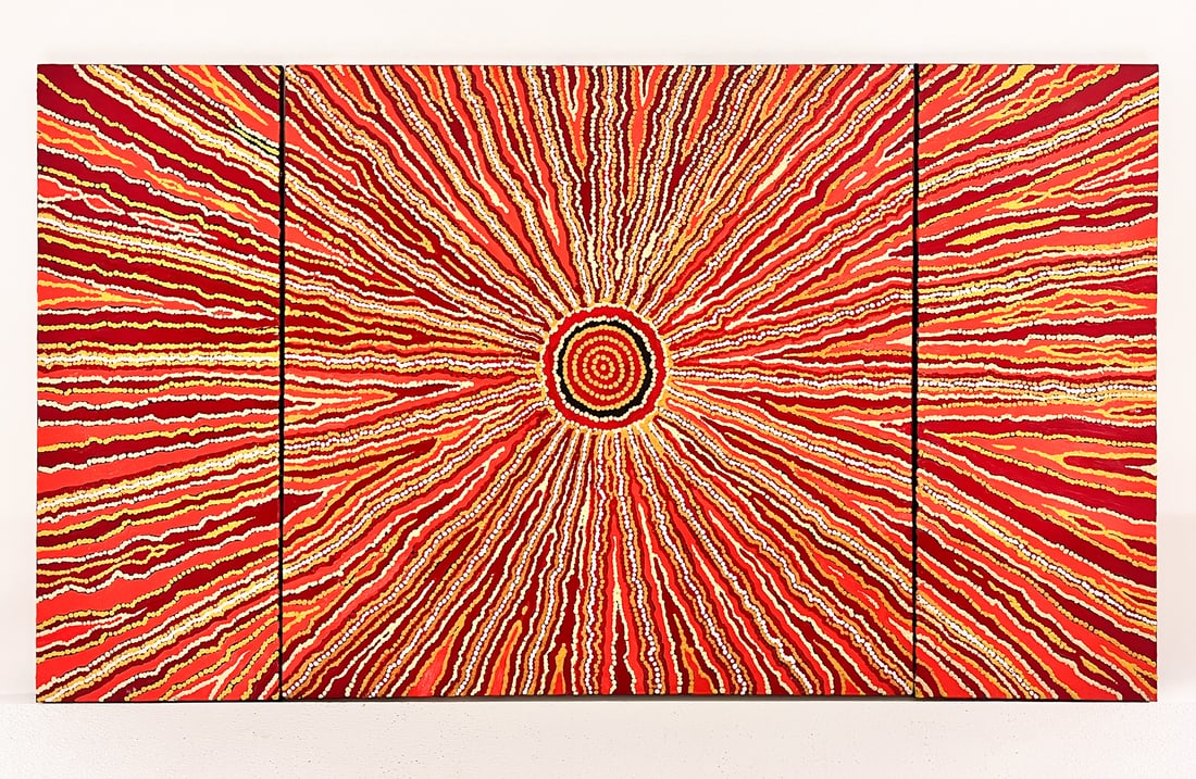 ABORIGINAL TRIPTYCH MALCOLM JAGAMARRA: JAGAMARRA, Malcolm, (Australia, 1955-): "Anapaku", Abstract Triptych, Oil/Canvas, Center panel 31.5" x 31.5", side panels are 31.5" x ,12", center panel signed verso, titled and dated 2001, unframed.
