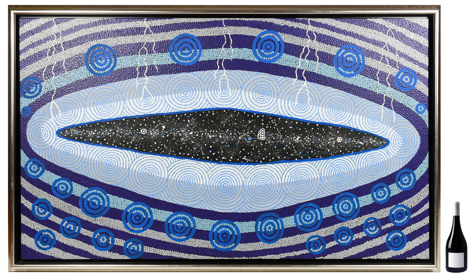 LARGE ABORIGINAL PAINTING JAGAMARRA?: LARGE ABORIGINAL PAINTING JAGAMARRA?: Abstract Composition, Oil/Canvas, 41" x 67", no visible signature, framed, 45" x 73".