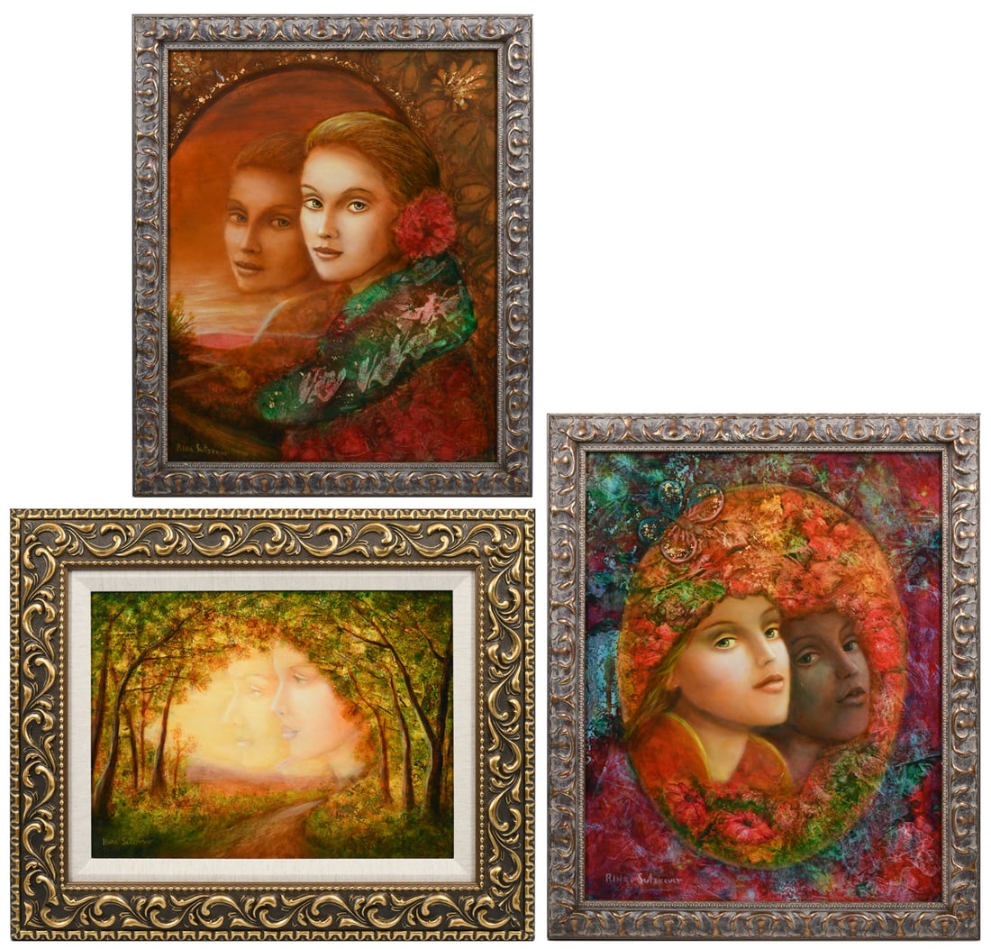 3 RINA SUTZKEVER PAINTINGS: SUTZKEVER, Rina, (Russian, b.1945): 3 Oils; 1) Portrait of a Beauty, 19.5" x 15.5", signed lower left and framed 23" x 19"; 2) Colorful Portrait of Young Female, sight size 19.5" x 15.5", signed lower