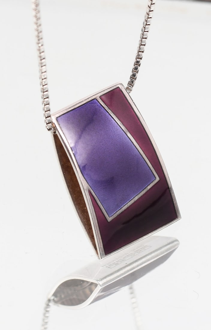 DAVID ANDERSON NORWAY STERLING & ENAMEL PENDANT NE: DAVID ANDERSON NORWAY STERLING & ENAMEL PENDANT NECKLACE: Modernist sterling silver and enamel pendant necklace; the pendant being rectangular in form with minimalist geometric design in hues of purpl