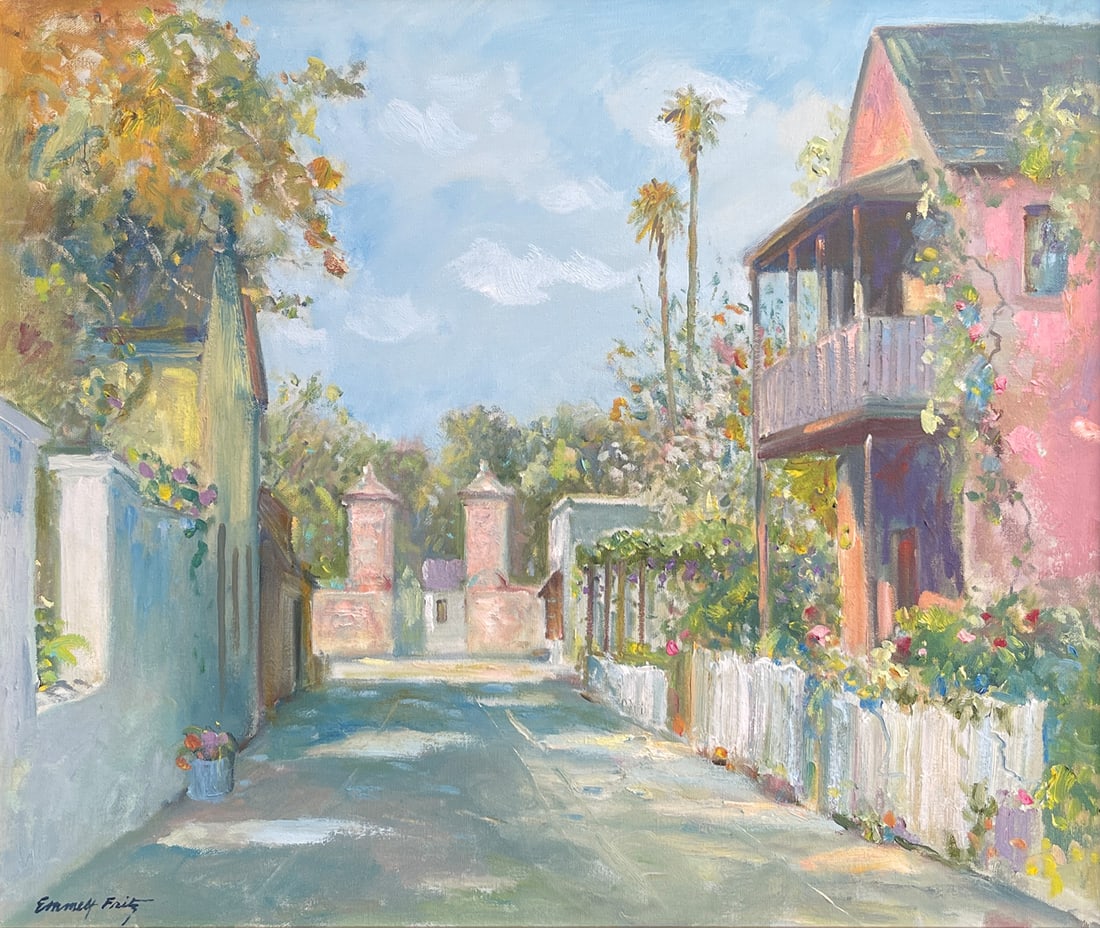 EMMETT FRITZ ST AUGUSTINE GATES PAINTING: FRITZ, Emmett John, (American, 1917-1995): The Gates, St. Augustine, Florida, Oil/Canvas, 20" x 24", signed lower left, framed, 22.75" x 26.75".