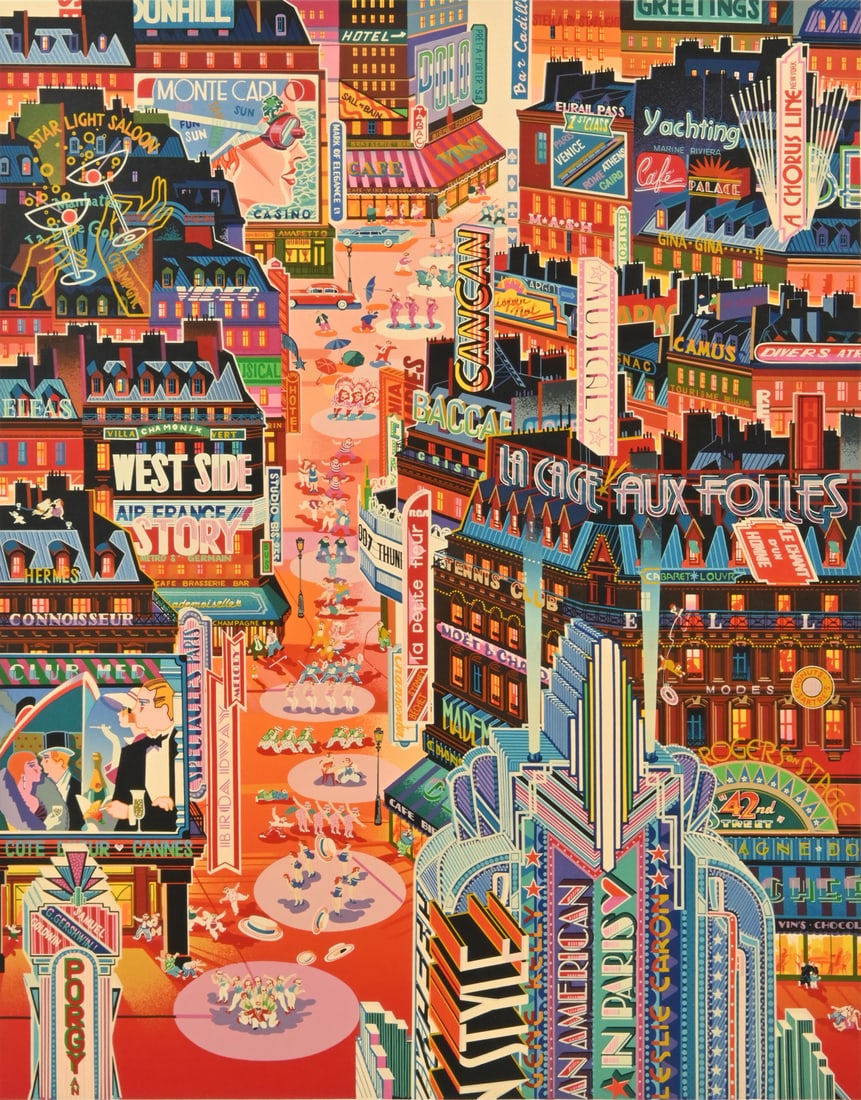 HIRO YAMAGATA SERIGRAPH ''AMERICAN IN PARIS'': HIRO YAMAGATA SERIGRAPH ''AMERICAN IN PARIS'': Sight size 30.25'' x 24'', signed lower right, numbered lower left LXXII/LXXV, framed, 40'' x 33''.