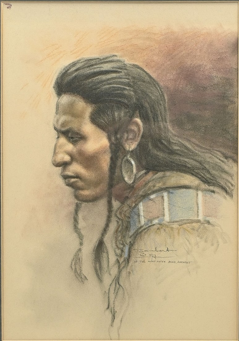 TOM SAUBERT PASTEL NATIVE AMERICAN PASTEL: SAUBERT, Tom, (American, b.1950): Native American Portrait, "Of the Meateater Band, Blackfeet", Pastel, sight size 17" x 11.75", signed and titled lower right, fine framing, 25.5" x 21".