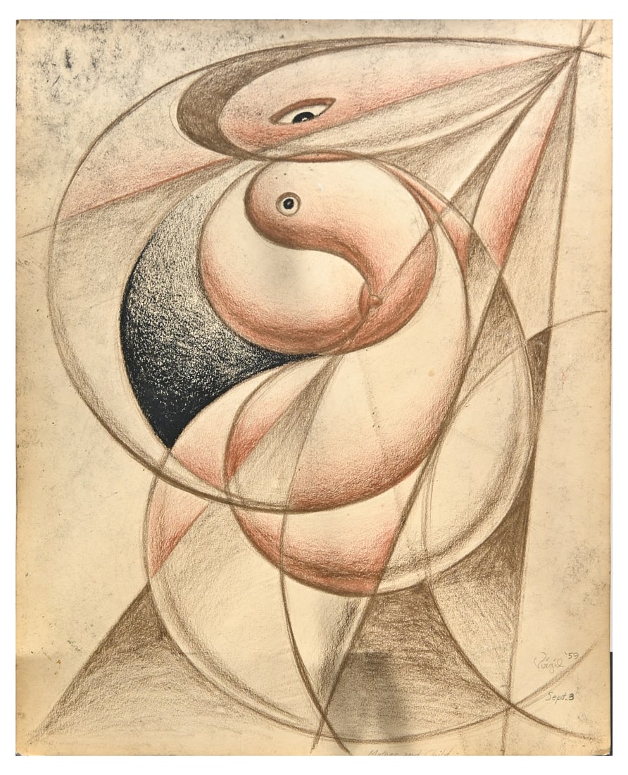 VIRGIL FINLAY MID CENTURY ABSTRACT DRAWING: FINLAY, Virgil, (American, 1914-1971): "Mother and Child", Charcoal/Pencil, 14" x 11.5", signed lower right, dated '59, titled lower margin, unframed. Artist's Estate.