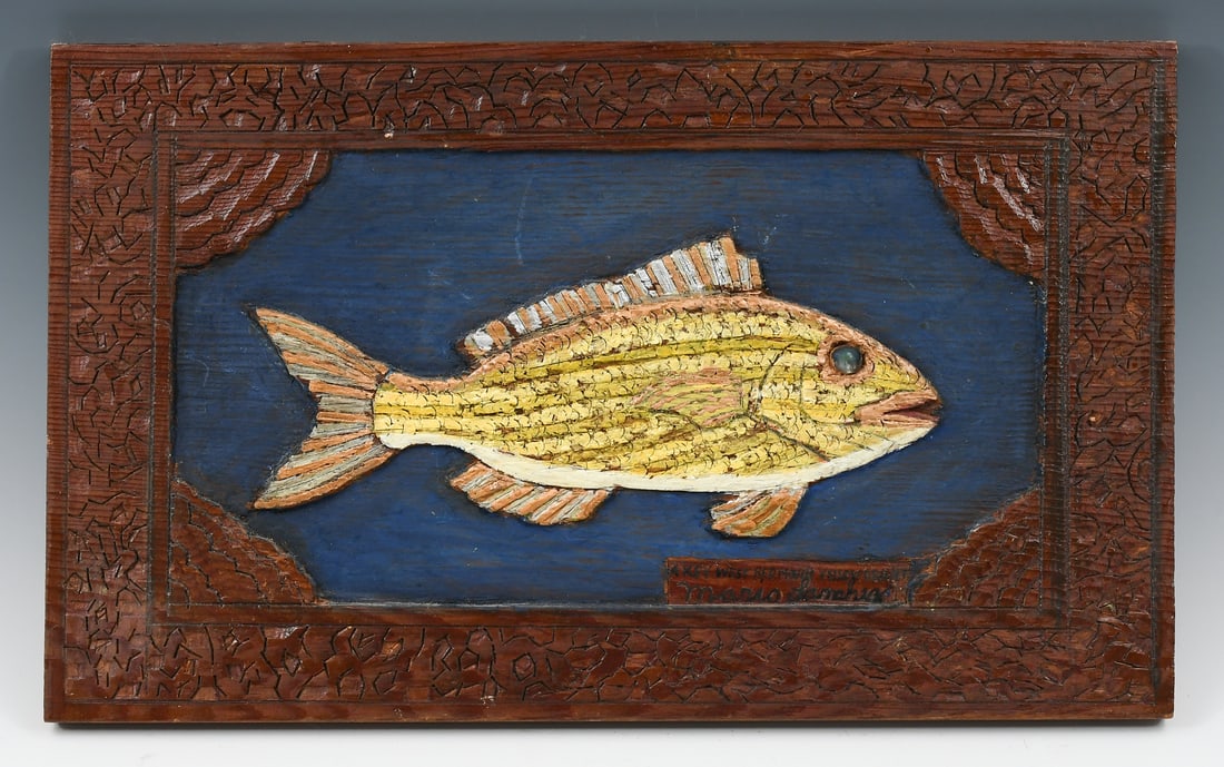 MARIO SANCHEZ KEY WEST RED MOUTHED YELLOW GRUNT: SANCHEZ, Mario, (Cuban/American, 1908-2005): Key West Red Mouthed Yellow Grunt, Wood Carving, framed, 11.25'' x 18.5'', signed and titled lower right.