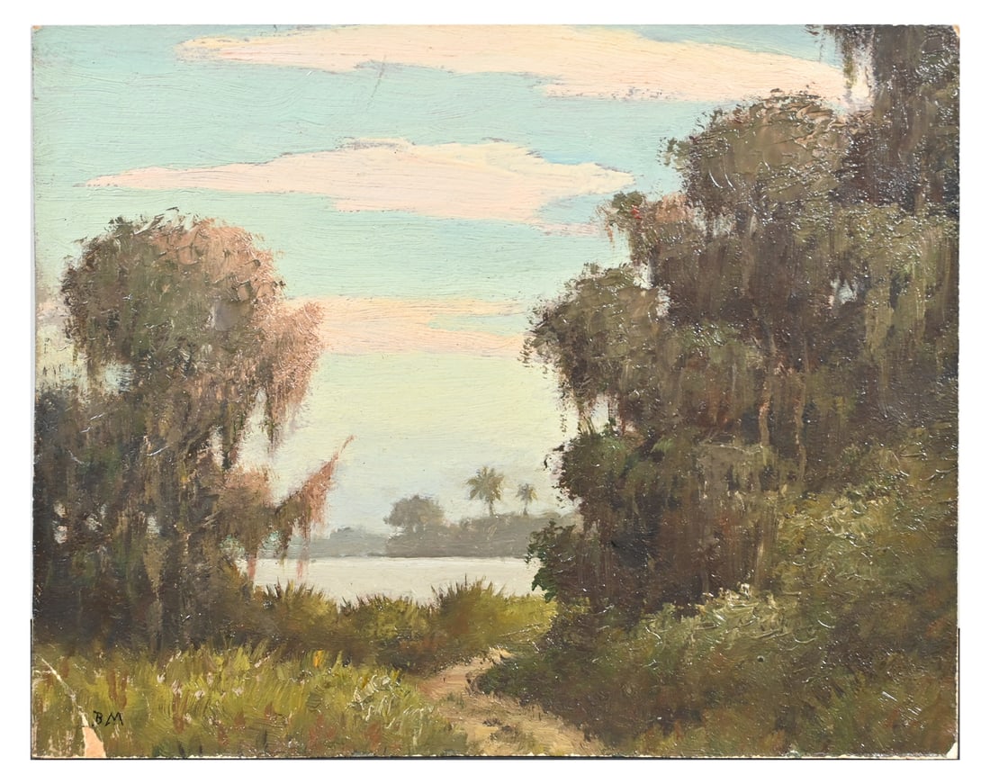 BENSON BOND MOORE FLORIDA PAINTING: MOORE, Benson Bond, (American,1882-1974): "Lake Eustis, Florida", Oil/Card, 7" x 9", monogramed lower left, titled verso, unframed.