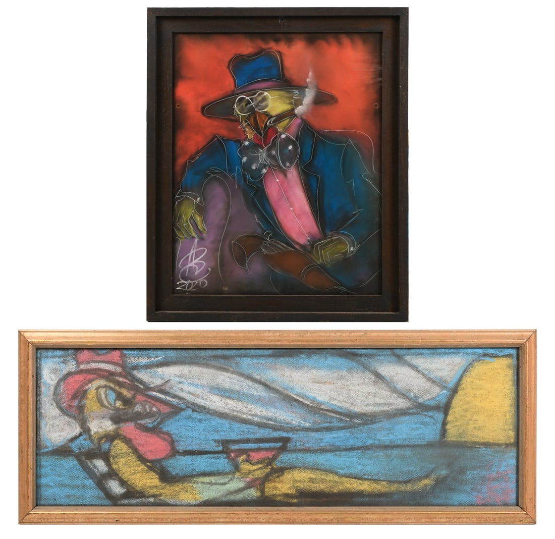 2 PIECE CHAMBERS MCNEIL ART LOT: MCNEIL, Chambers, (American, 20th/21st Century): Two Pastels: 1) Chicken Sunbathing, sight size 11.25" x 35", signed lower right, framed, 14" x 37.25"; 2) Cigar Smoking, Gunslinging Chicken, sight siz