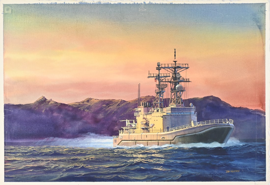 TOM FREEMAN WARSHIP PAINTING: FREEMAN, Tom, (American, 1952-2015): US Navy Vessel off the Coast, Watercolor, 15'' x 22.75'', unframed.