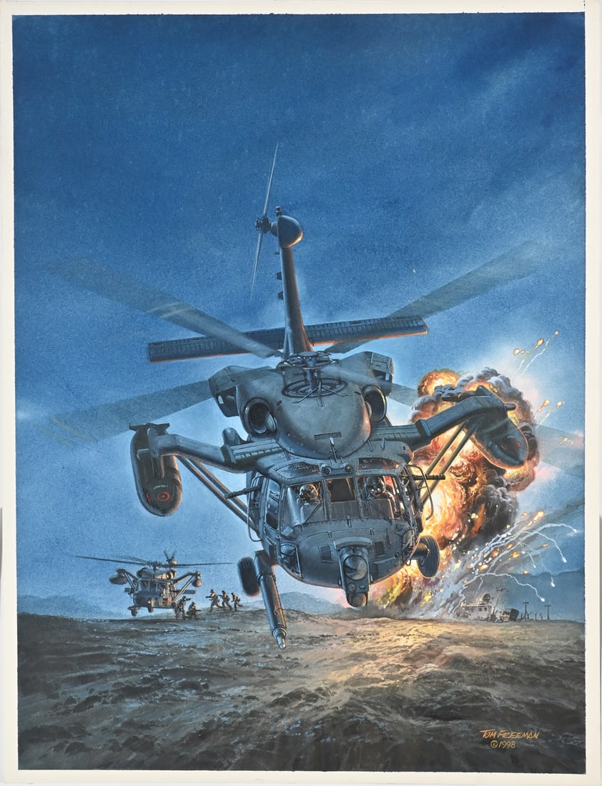 TOM FREEMAN US ARMY BLACKHAWK HELICOPTER PAINTING: FREEMAN, Tom, (American, 1952-2015): US Army Blackhawk Night Mission, Watercolor, 22.5'' x 17'', unframed.
