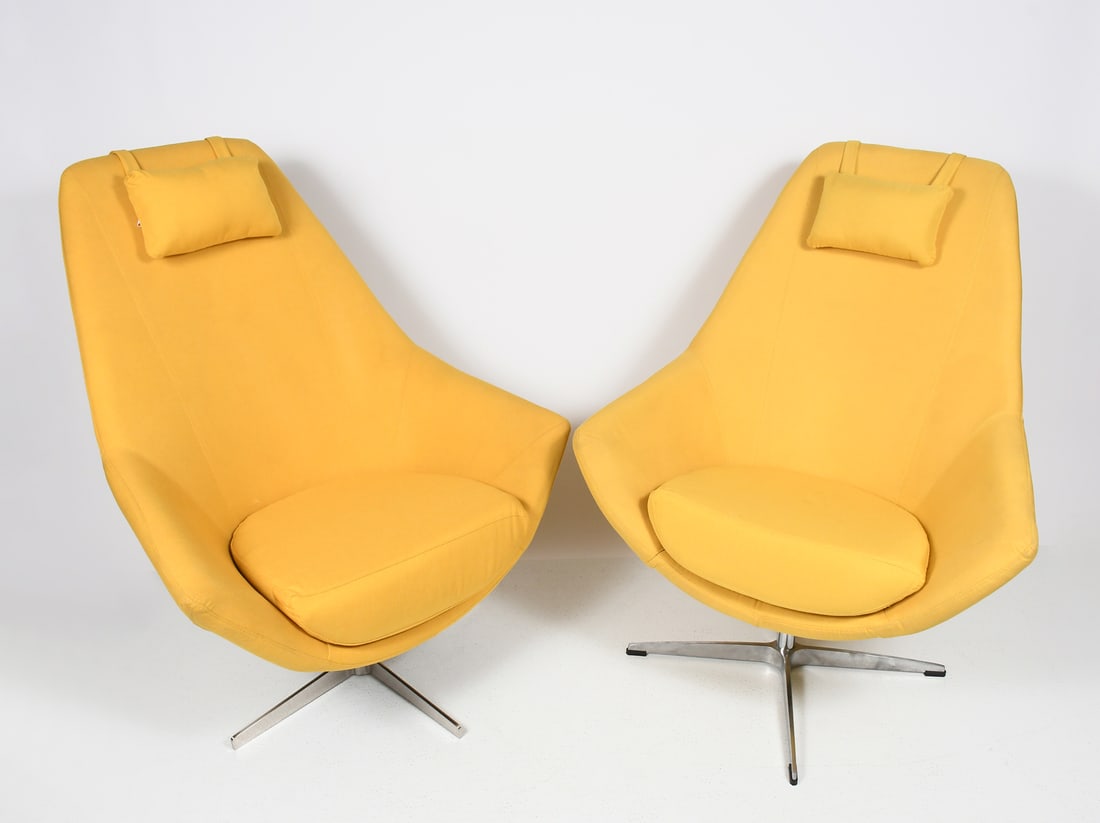 2 PC. MODANI YELLOW ''KENDRA'' ARMCHAIRS: 2 PC. MODANI YELLOW ''KENDRA'' ARMCHAIRS: A pair of Modani furniture ''Kendra'' armchairs upholstered in sunny yellow stain-resistant fabric with generously cushioned seats and pillow headrests. Swive
