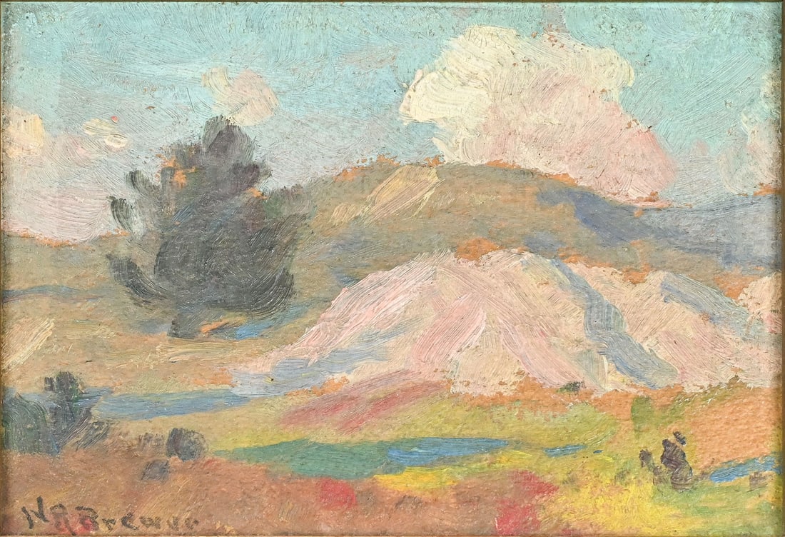 NICHOLAS BREWER "SHADOW OF PALO DURO" PAINTING: BREWER, Nicholas Richard, (American, 1857-1949): "Shadows of Palo Duro", Oil/Board, 4.5" x 6", signed lower left, titled verso, framed, 6" x 7.5".