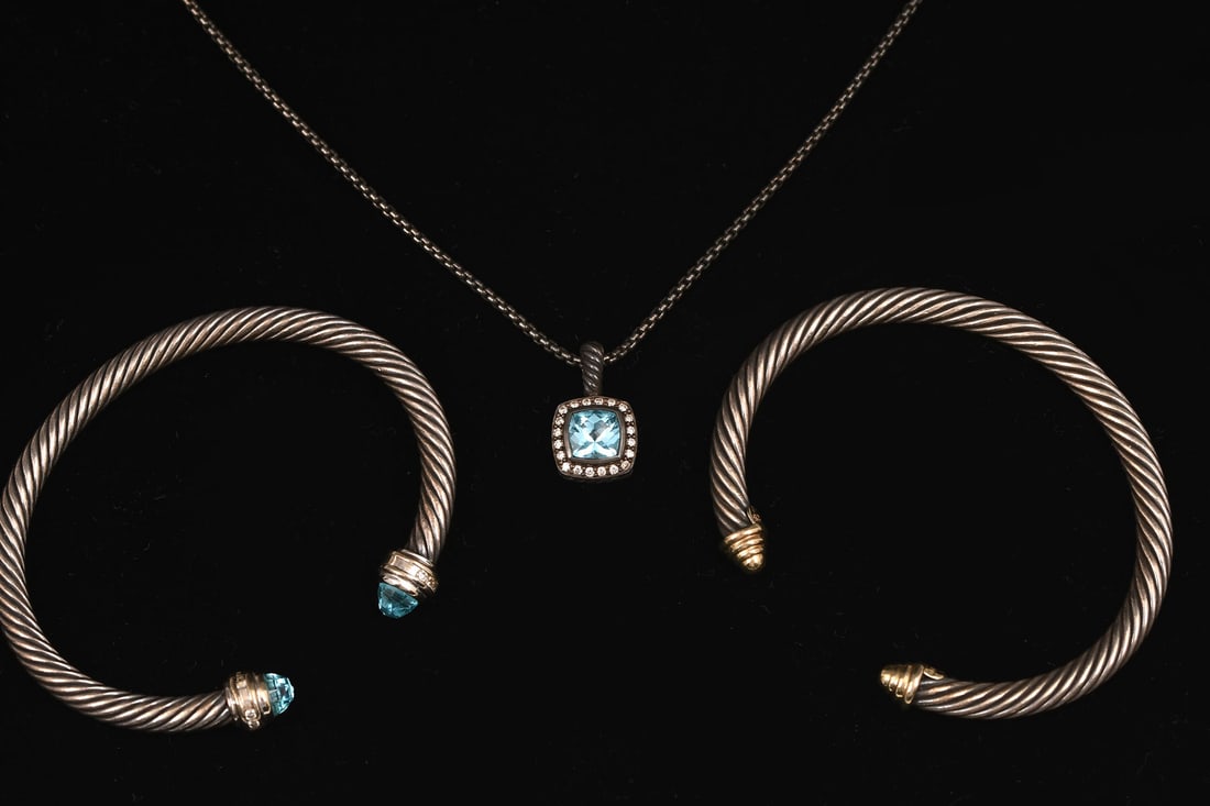 3 PIECE DAVID YURMAN GOLD DIAMOND, STERLING JEWEL: 3 PIECE DAVID YURMAN GOLD DIAMOND, STERLING JEWELRY: This three piece David Yurman jewelry collection includes two Renaissance cable bracelets in sterling silver. One with 5 diamonds at each end set i