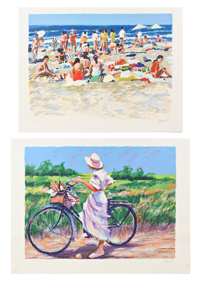 2 LARGE ALDO LUONGO LITHOGRAPHS: 2 LARGE ALDO LUONGO LITHOGRAPHS: 1) Beach Scene, 30'' x 39'' with margins, pencil signed lower right, numbered lower left XLIX/LXXV, Accent Graphic Studios blind stamp; 2) Young Girl on a Bicycle in t